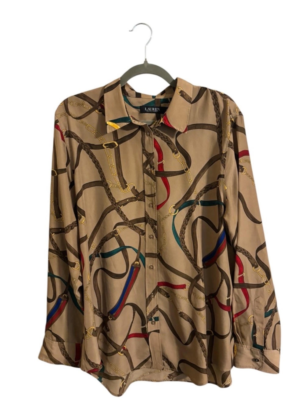 Lauren Ralph Lauren‎ Tan Equestrian Print Button Up Shirt Women's XXL